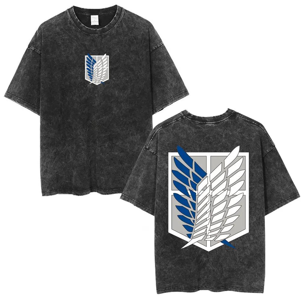 2026 New Anime Attack on Titan Washed T-shirt Mikasa Ackerman Eren Jaeger Wings of Freedom Graphic Logo Tee Fashion T Shirts Summer