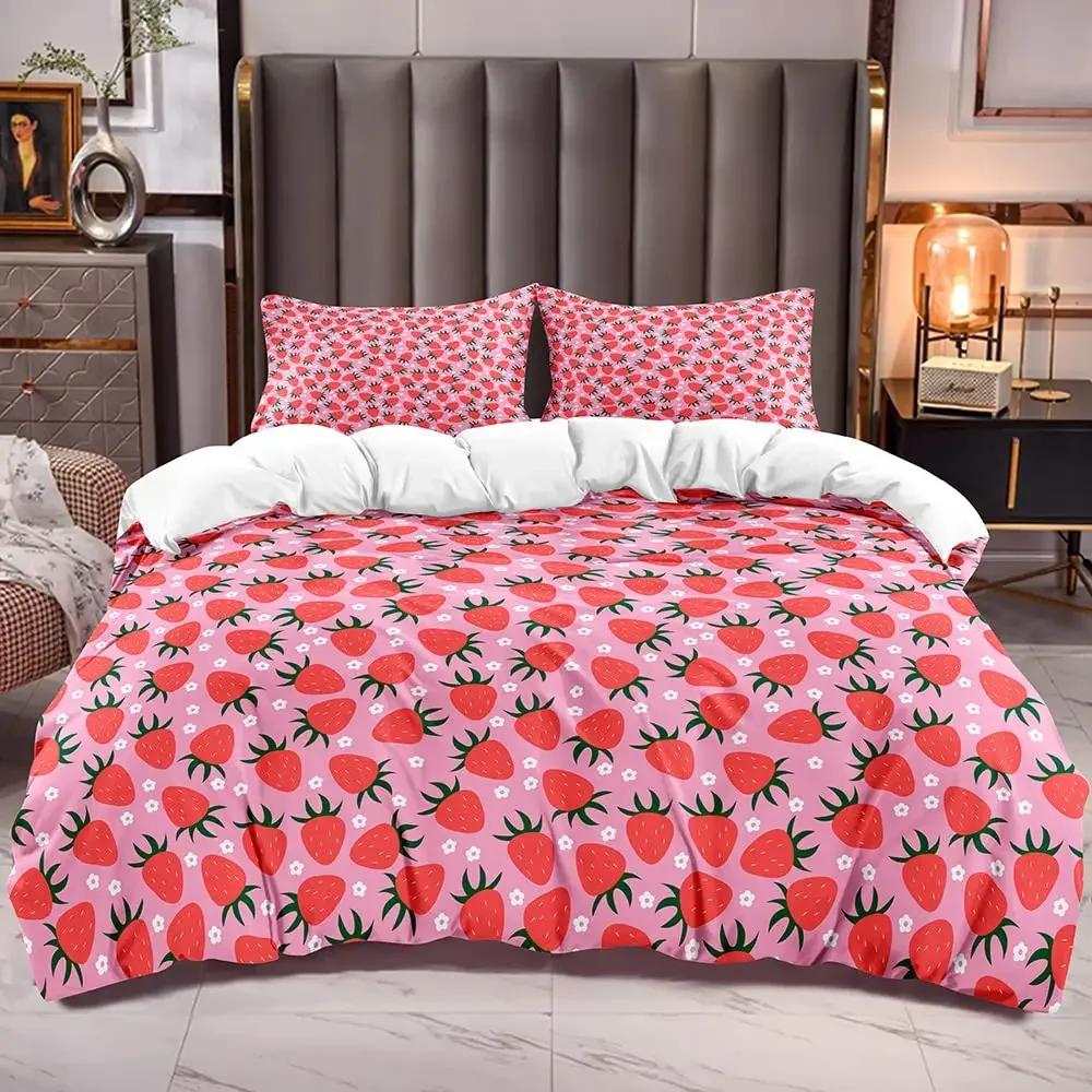 3Pcs Full Size Sweet Strawberry Bedding Set Duvet Cover for Kids Children Teens Comforter Cover Bed Room Decor Pink Quilt Cover