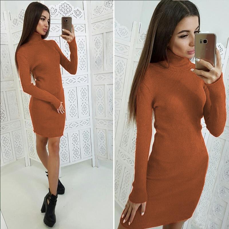 Autumn Winter Women's Fashion Rib Knit Sweater Dress Long Sleeve Turtleneck Stretchable Elasticity Slim Casual Knit Bodycon Sweater Dress