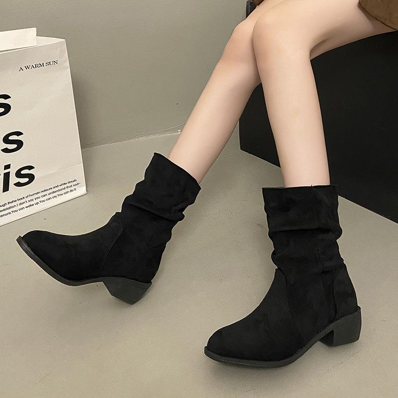 New suede medium boots women's autumn and winter thick heel short boots fashion Martin boots round head sleeve boots