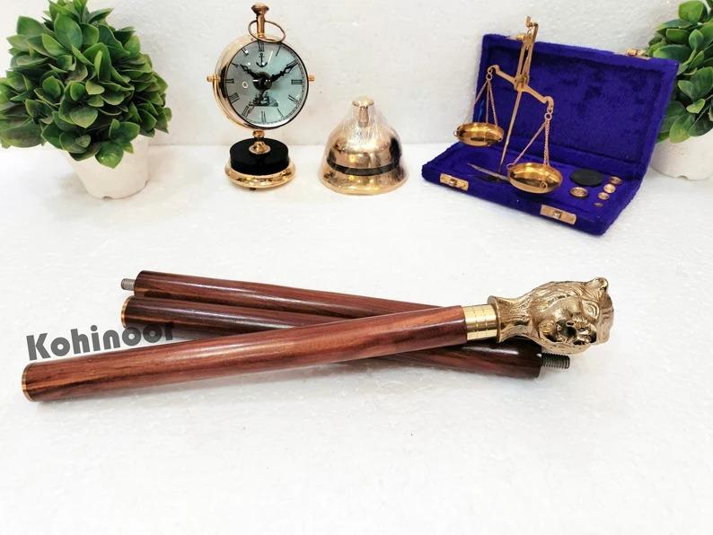 Engraved Lion Head Walking Stick: Golden Brass Finish, 39 Inch Cane