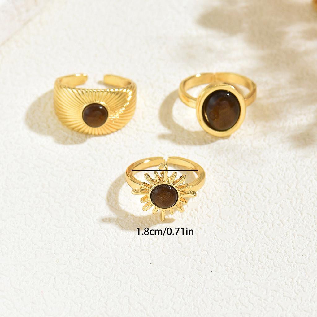 3Pcs/Set Tiger Eye Stone Ring Set Gold Color Sun Wave Open Adjustable Stackable Rings For Women Party Daily Wear