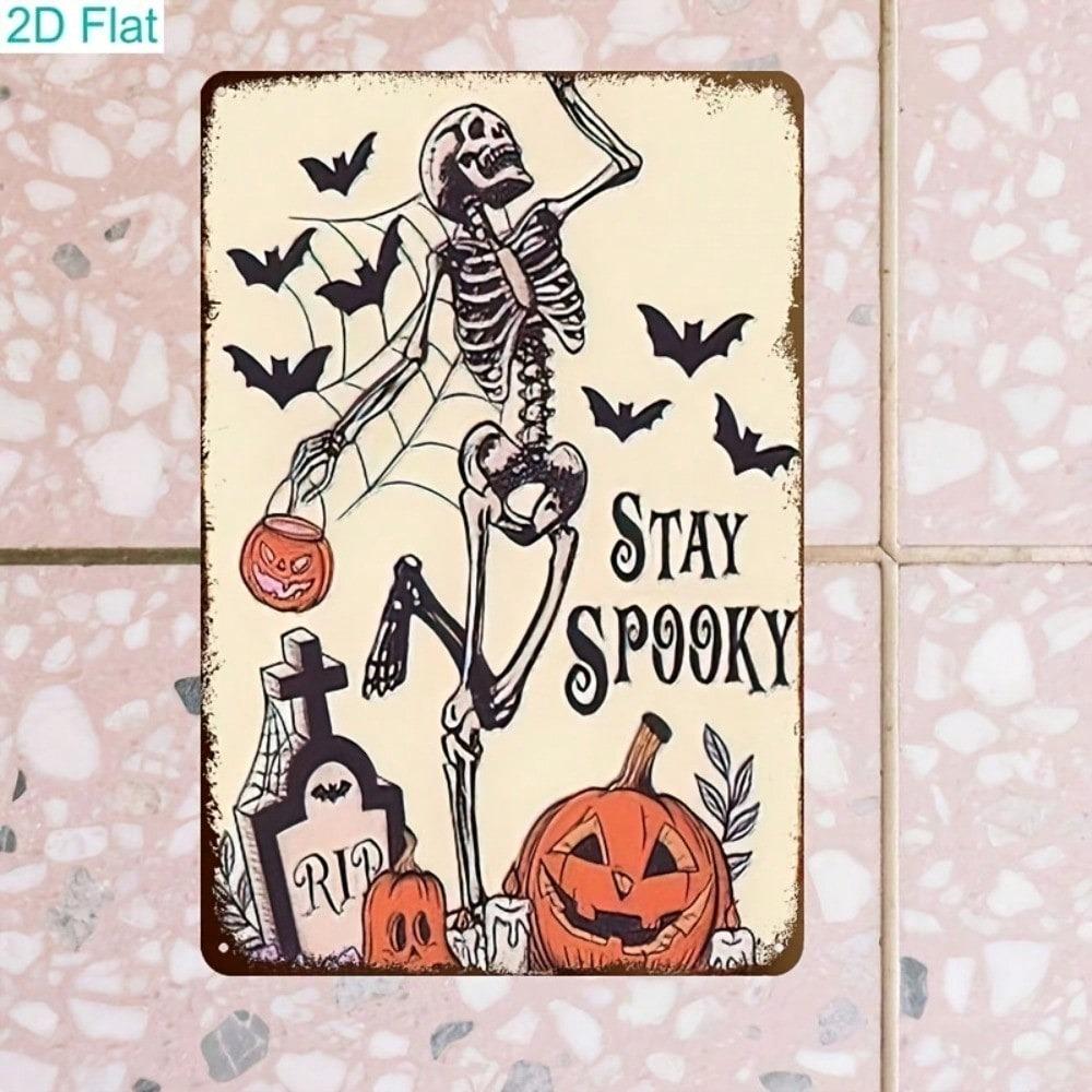 Spooky Skeleton Pumpkin Halloween Metal Sign, Vintage Retro Tin Plaque for Wall, Haunted House Bar Cafe Decor