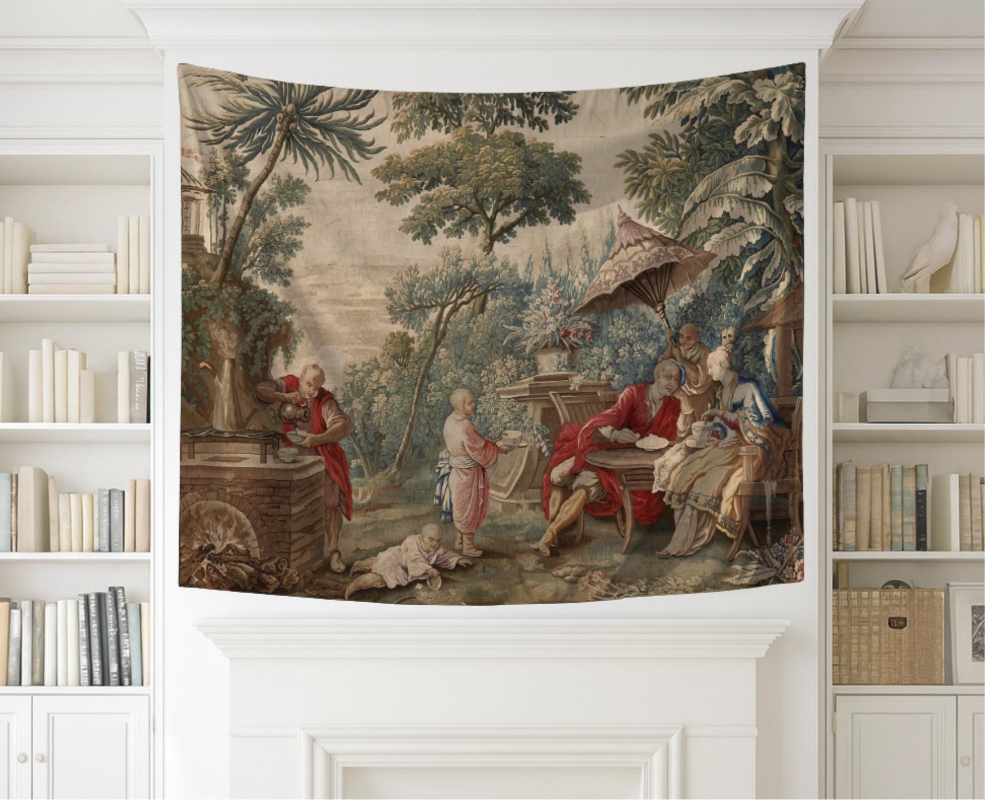European Retro Oriental Tea Party Tapestry French Character Background Cloth Light Luxury Art Decoration Room Decoration 100X70CM