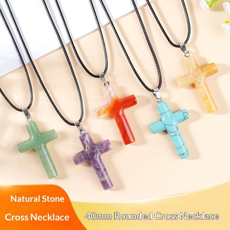 1Pc Handmade Carved Cross Natural Stone Pendant Necklace For Women Men Healing Chakra Crystal Charms Choker Jewelry