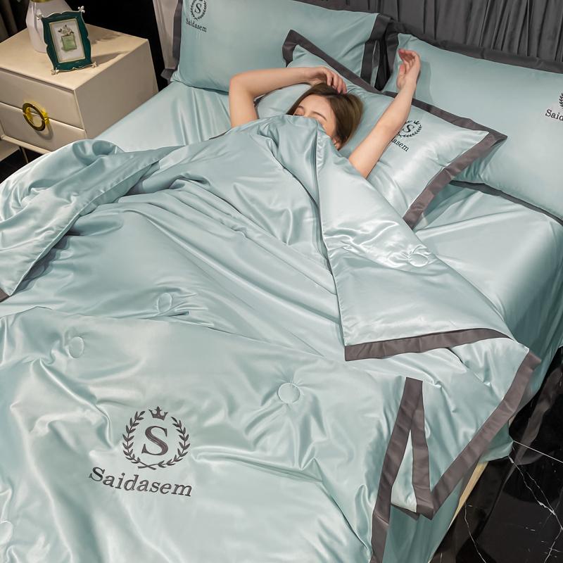 European Style Washed Summer Ice Silk Air Conditioning Quilt Cool Silk Thin Comforter Adult Kids Bed Sheet Pillowcases Bedspread