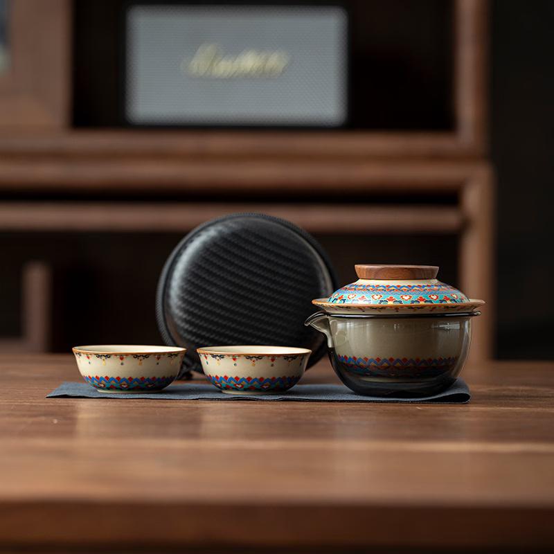 Ru Kiln Dunhuang Baoxianghua Ceramic Portable Tea Set