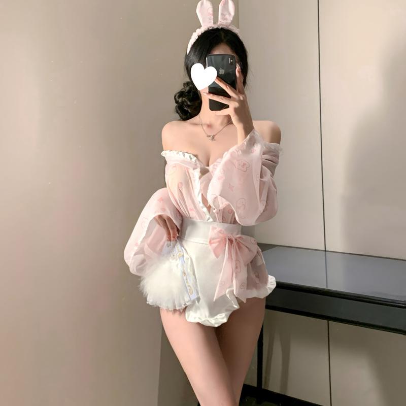 Playful Print Lingerie Set with Bows & Kimono Style - Cute & Sweet Cosplay Japanese Nightgown for Women