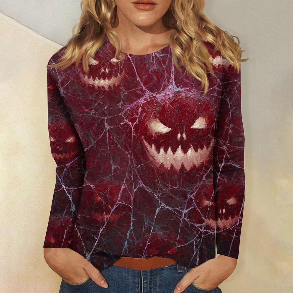 Women's Long-sleeved Loose-necked Halloween Print Casual Top, Suitable for Holiday Parties