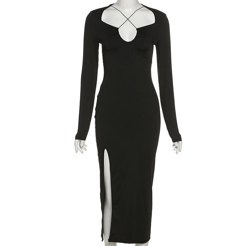Herbst Gekreuzte Spaltung Maxi Kleid Frauen Concise Seite Verschüttet Elegante Vestido Dame High Street Bodycon Schlank Robe Rock