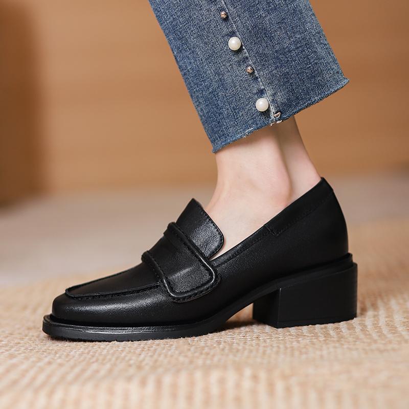 Fashion Genuine Leather Slip -On Women Shoes Casual Loafers Square Toe Simple Shoes Thick Heel Shoes Woman Zapatos De Mujer