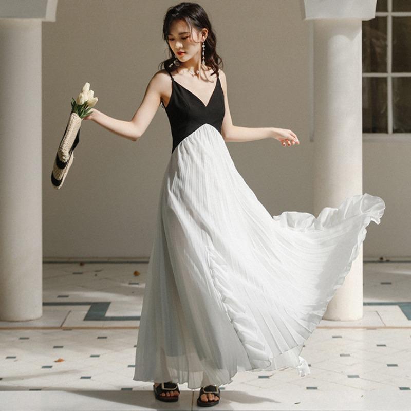 Seaside Vacation Chiffon Collar Suspender Dress Women's Travel Photo Clothes Fairy Off-the-shoulder Beach Dress
