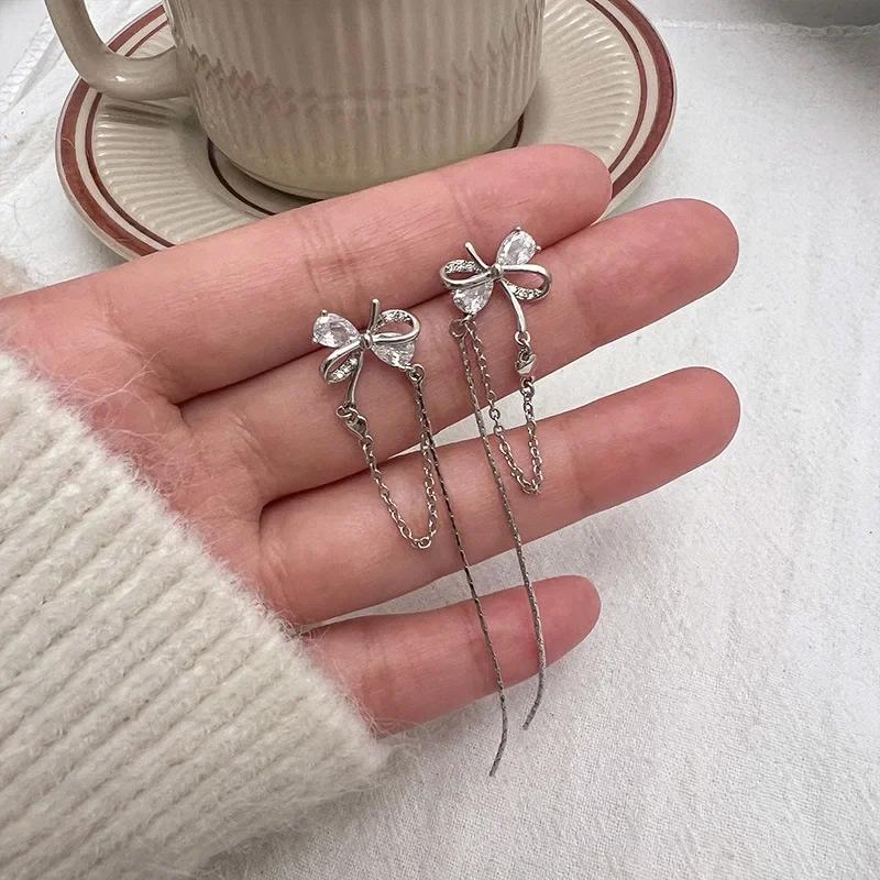 

Korean 925 Sterling Silver Crystal Bowknot Long Crystal Stud Earrings For Women Wedding Party Jewelry Gift Female Pendientes серебряный