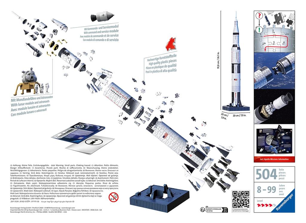 Ravensburger 3D Apollo 11 Saturn V 440 Fertig 11545 Alter 3D Geschenk Puzzle, Rakete, Teile, Größe 98,1 cm hoch, 7, 8+ [Puzzle, Puzzle,