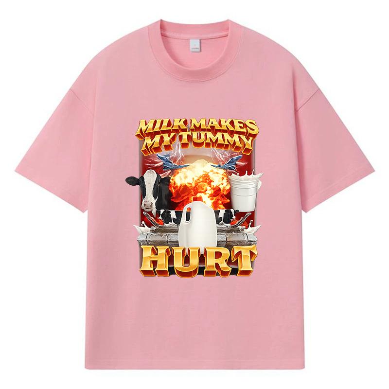 2026 Milk Makes My Tummy Hurt Printed Graphic Y2k Harajuku Streetwear 100% Cotton T Shirt Casual Oversized Summer Men T-shirt