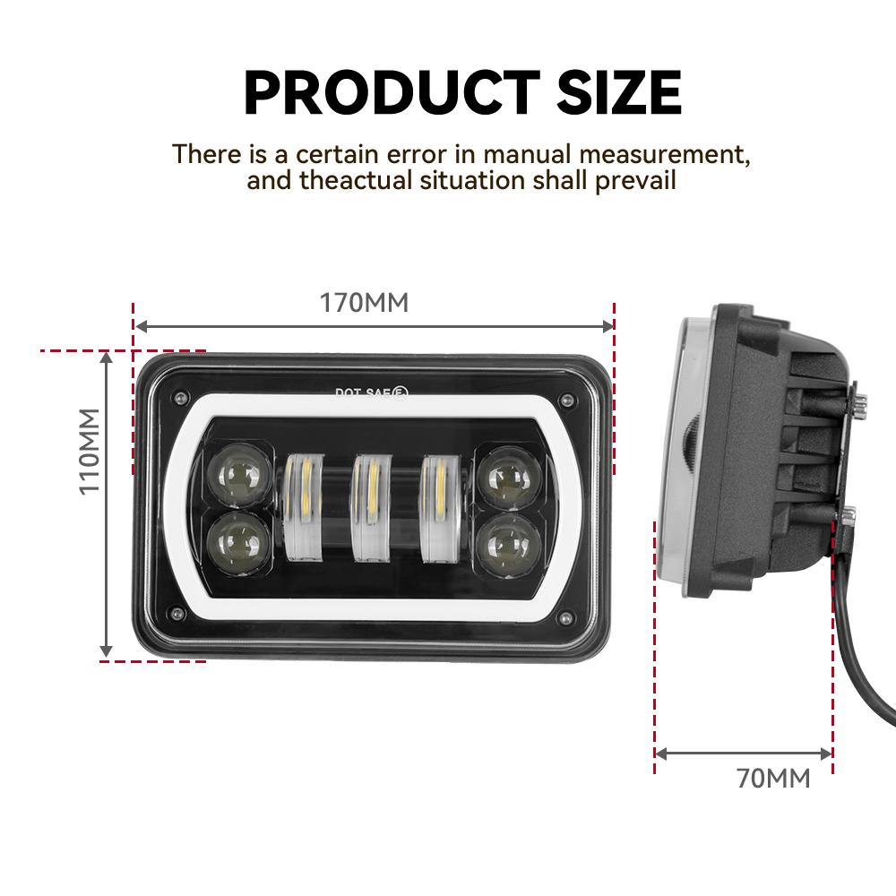 4X6inch Black Square LED Headlight DRL LED Driving Light Hi/Lo  For Honda Offroad Trucks Accessories Rectangular Light 12V