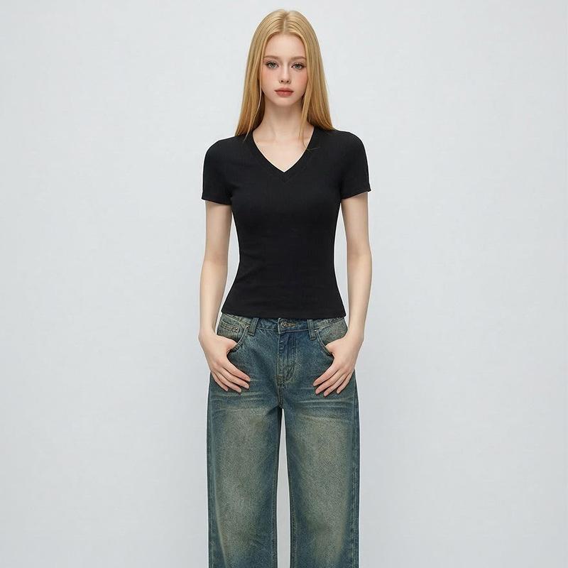 Summer Solid Color V-Neck Slim-Fit T-Shirt for Women, New Slim-Fit Round-Neck Short-Sleeve Top