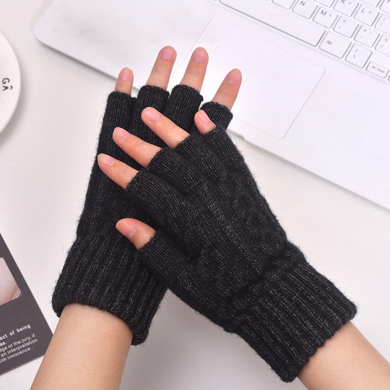 Men's Half-finger Thickened Thermal Gloves Knitted Leaking Fingers Office Student Brushed Imitation Cashmere Broken Finger Solid Color Gloves