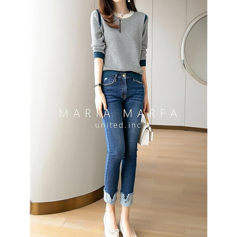 [MARIA MARFA] ladies tops spring knit check pattern wind adult office casual fashionable neat and clean Neat clothes l blue 5S-M06-BLL