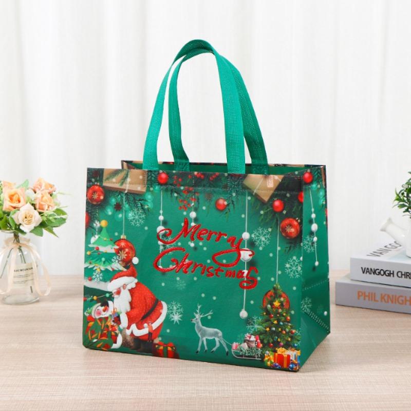 Borsa regalo di Natale Borsa per imballaggio regalo di caramelle in tessuto non tessuto di grande capacità con pupazzo di neve e design di Babbo Natale