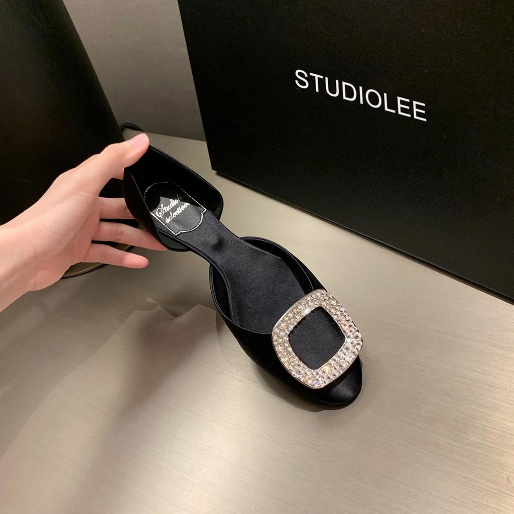 Spot Second Hair! Grape Mother Same Shoe Temperament Rhinestone Square Buckle Silk Hollow Round Head Commuting Flat Sole Shoes Women