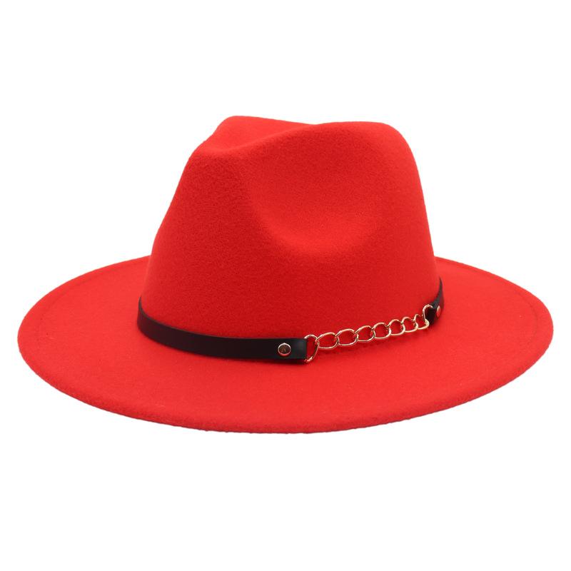 New Shanghai Gentleman Felt Hat, Belt, Iron Chain,Foreign Trade Top Hat, Light-Bottomed Fedora, Large Brim Hat