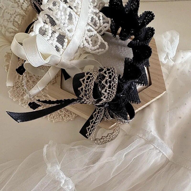 Retro Lace Hairbands for Toddler Girl Sweet Princess Bow Hair Hoop for Little Girl Black Beige Kids Headwear Hair Accessories