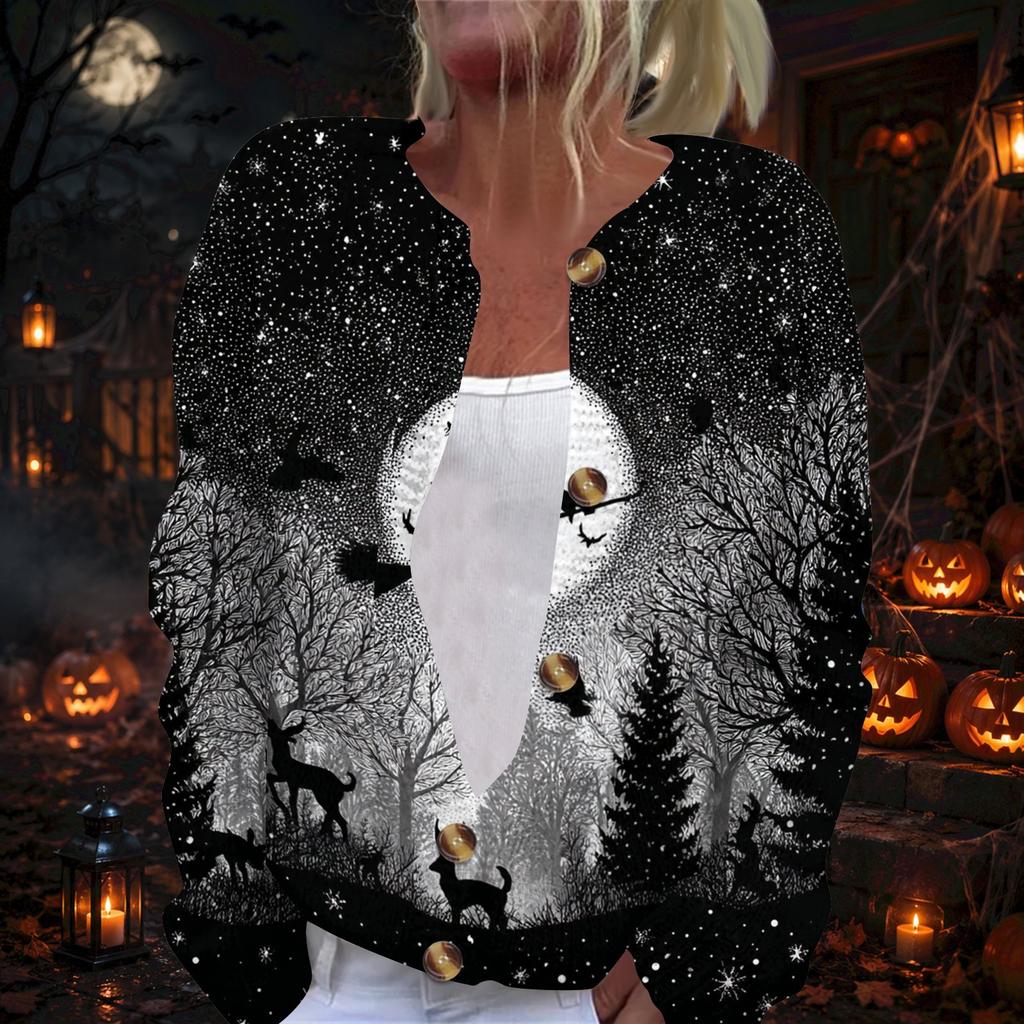 Women's Long Sleeve Halloween Print Cardigan with Button Front for Fall Festive Wear