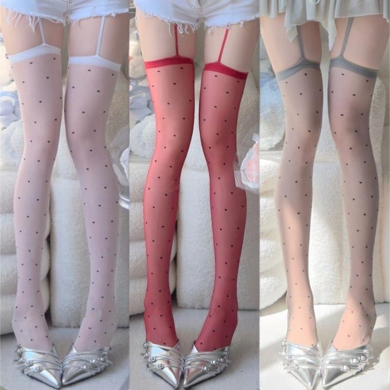 New Fashion Polka Dots Sexy Slim Thigh High Socks Lolita Cute Garter Stockings Women Summer Thin Nylon Suspender Belts Pantyhose