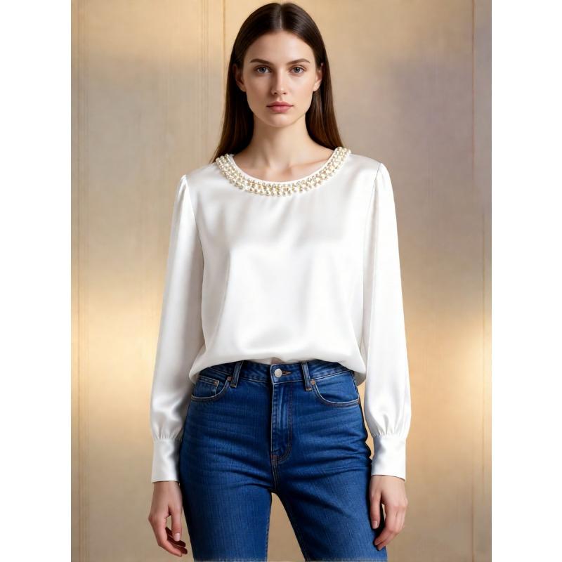 Spring and Autumn Pearl Round Neck Satin Women Shirt Loose Casual Long Sleeve Office Blouse Female Top O Neck Solid Color Simple Clothing