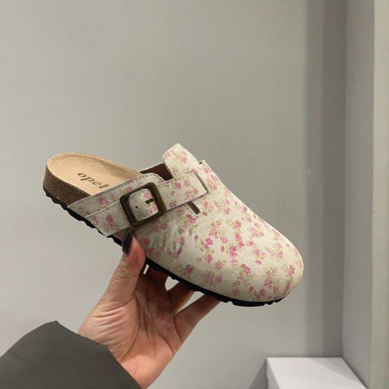 Retro floral women's outer wear spring and summer new one-pedal bag head thick-soled Boken half slippers