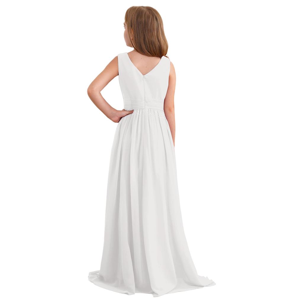 Glänzendes gerafftes verwobenes Chiffon-Kleid für Mädchen V-Ausschnitt ärmelloses Design Blumenmädchen langes Kleid Hochzeitsfeier Kleid