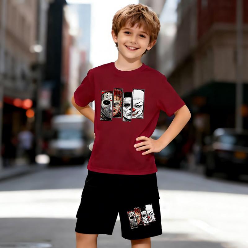 Boys 2 Piece Cute Cartoon Print Outfit, Short Sleeve T-Shirt and Shorts Set for Kids Age 5-14, Black and White Sporty Casual Summer Clothes