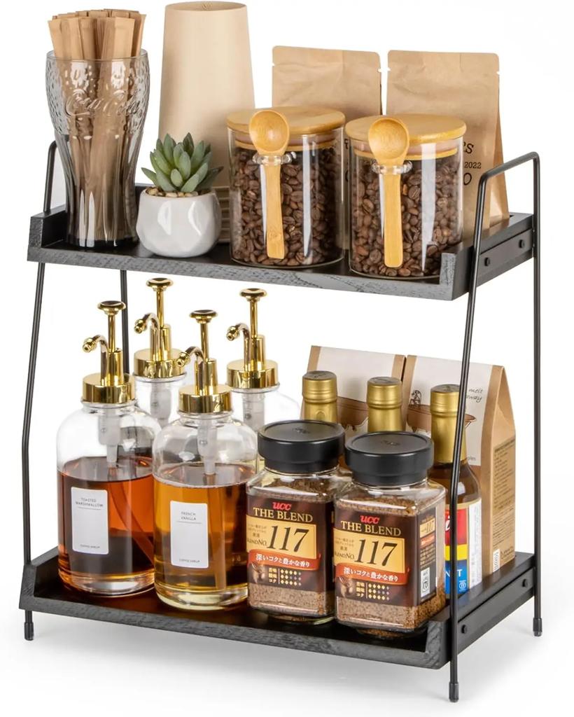 Counter Coffee Bar Organizer, Coffee Station Organizer for Countertop, Wooden Kitchen Counter Organizer
