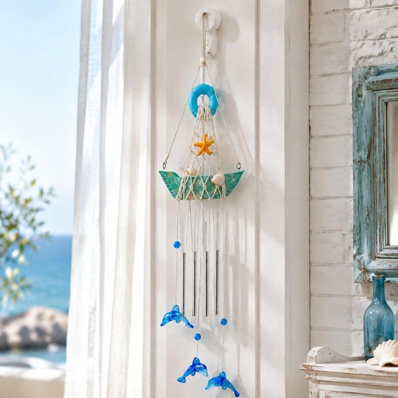 Sailboats Wind Chimes with Rope Net Detailing, Dolphins Pendants and Starfishes Features for Indoor Hanging Display