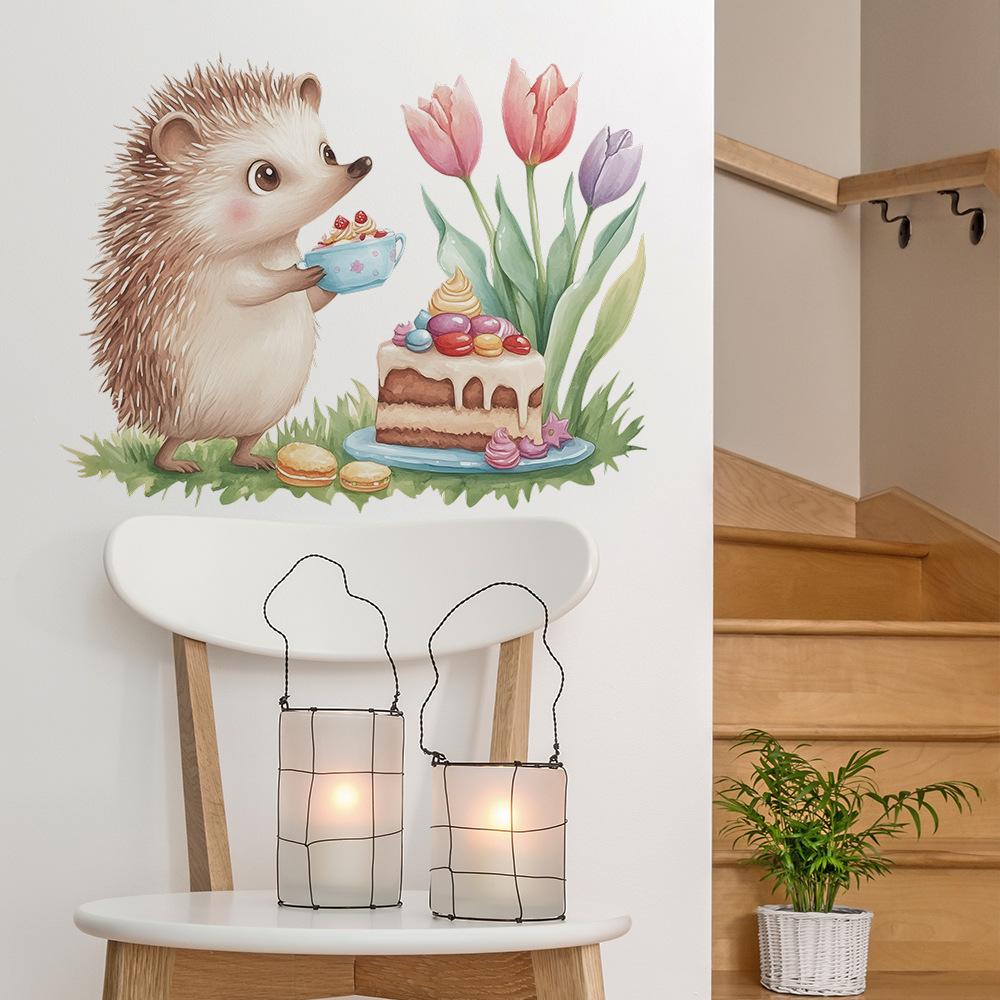 Cute Hedgehog Cake Wall Sticker Self-Adhesive Removable for Bedroom Living Room Background Home Decor