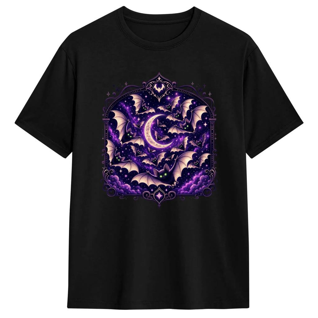 CuteGothic Bats Crescent Moon Celestial Night PerformanceTShirts Men'sCottonVintageT-ShirtRoundNeckTees