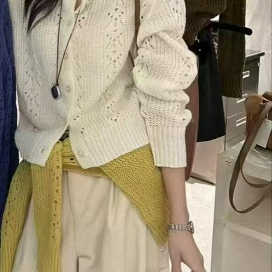 Korean Style Women's Hollow-Out Knit Lapel Top - Chic & Versatile Sweater