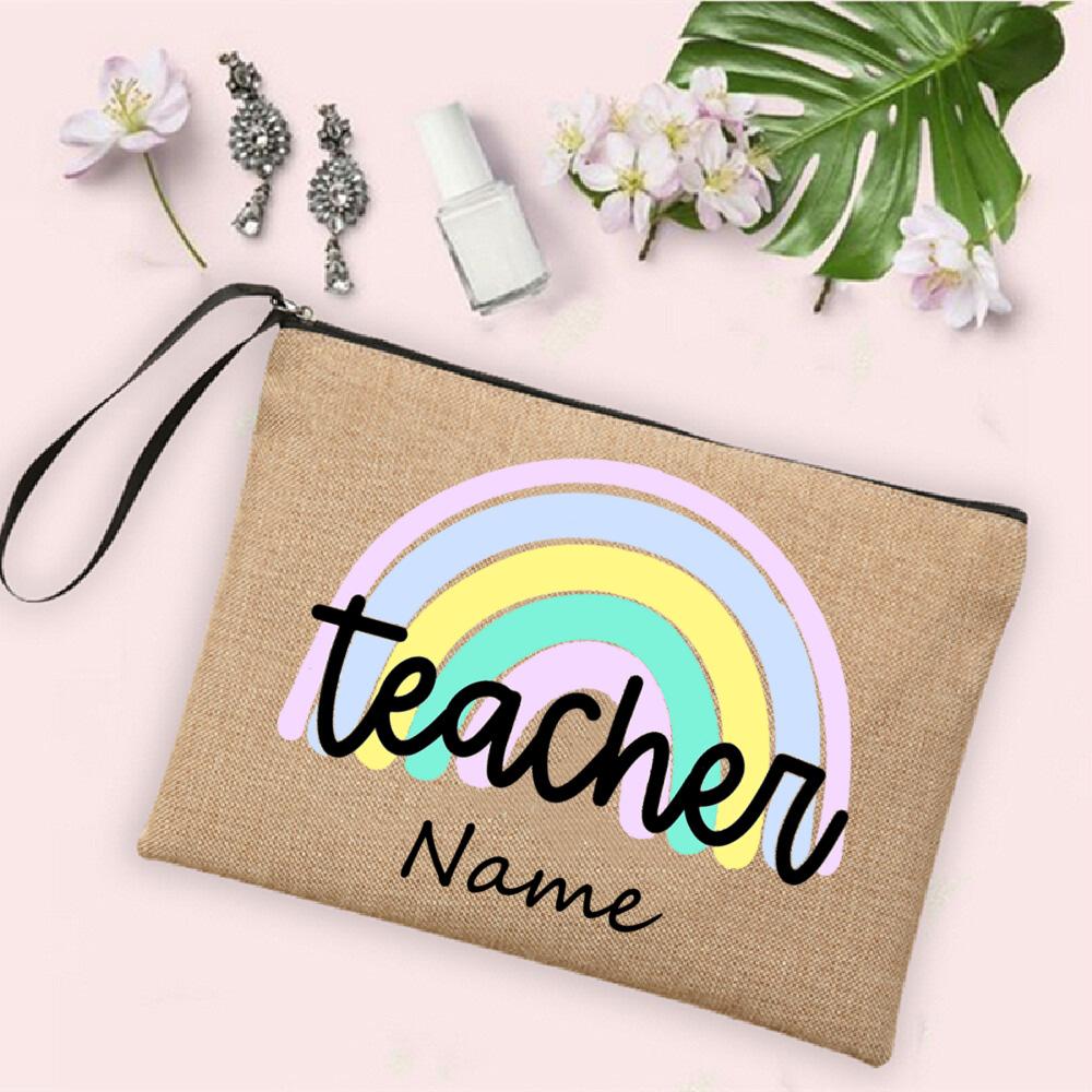 Rainbow Teacher Pencil Case Personalized Custom Name Linen Stationery Supplies Storage Bags Travel Neceser Makeup Bag Best Gifts