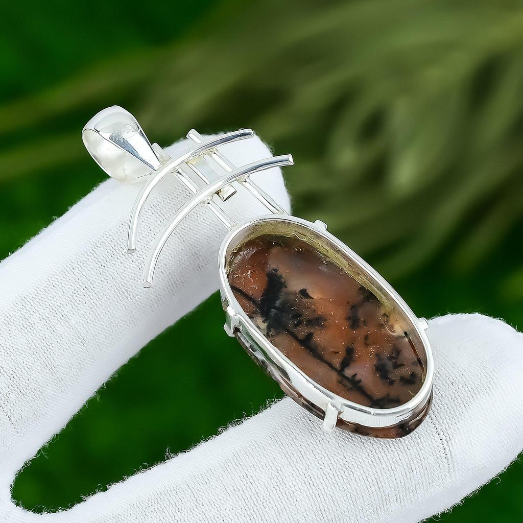 Honey Dendrite Opal Stone 925 Sterling Silver Anniversary Bezel Pendant Jewelry