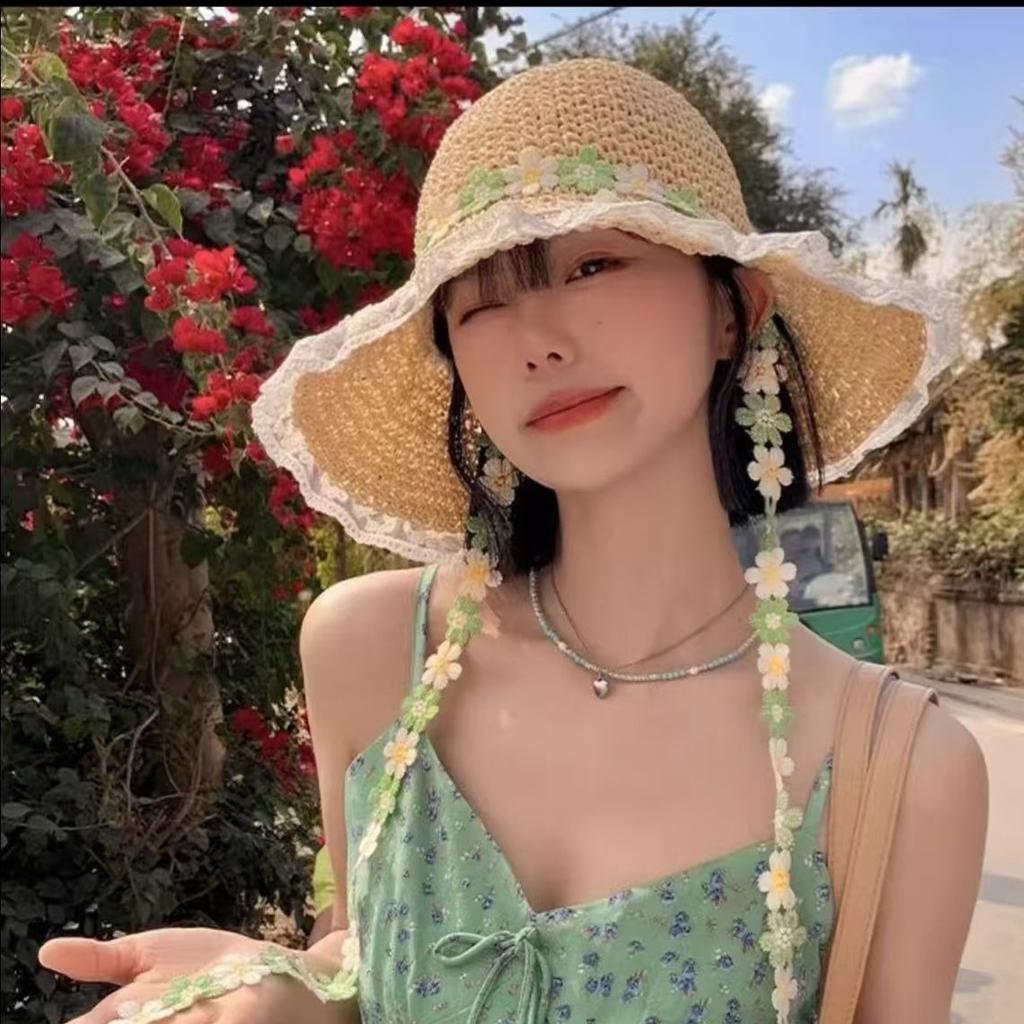 Straw Flower Straw Hat Women's Big Brim Summer Seaside Vacation Beach Face Small Foldable Sunshade Sunscreen Hat