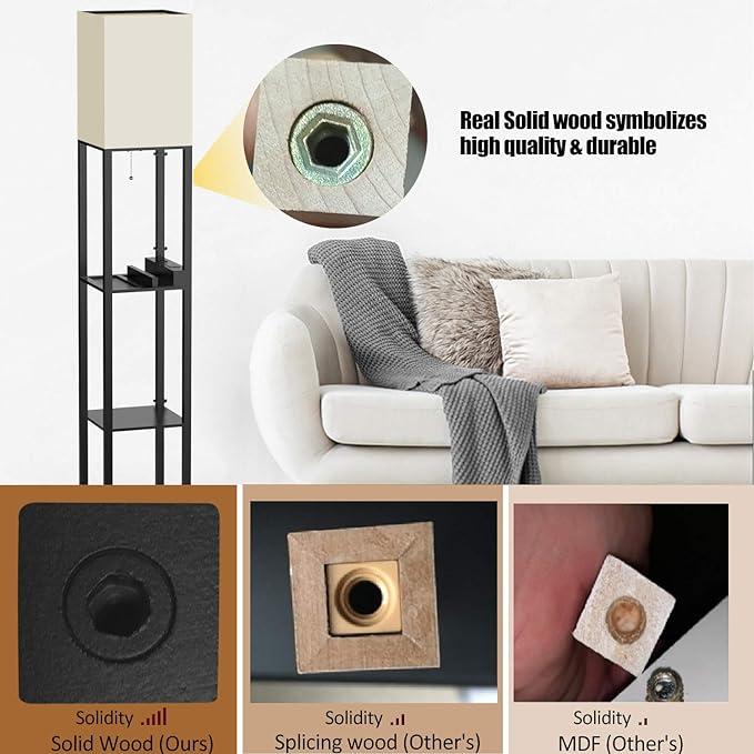 Modern LED Shelf Floor Lamp with 3 Colors Bulb White Linen Shade Wooden Shelves Living Room Bedroom Decoration Stand Lighting