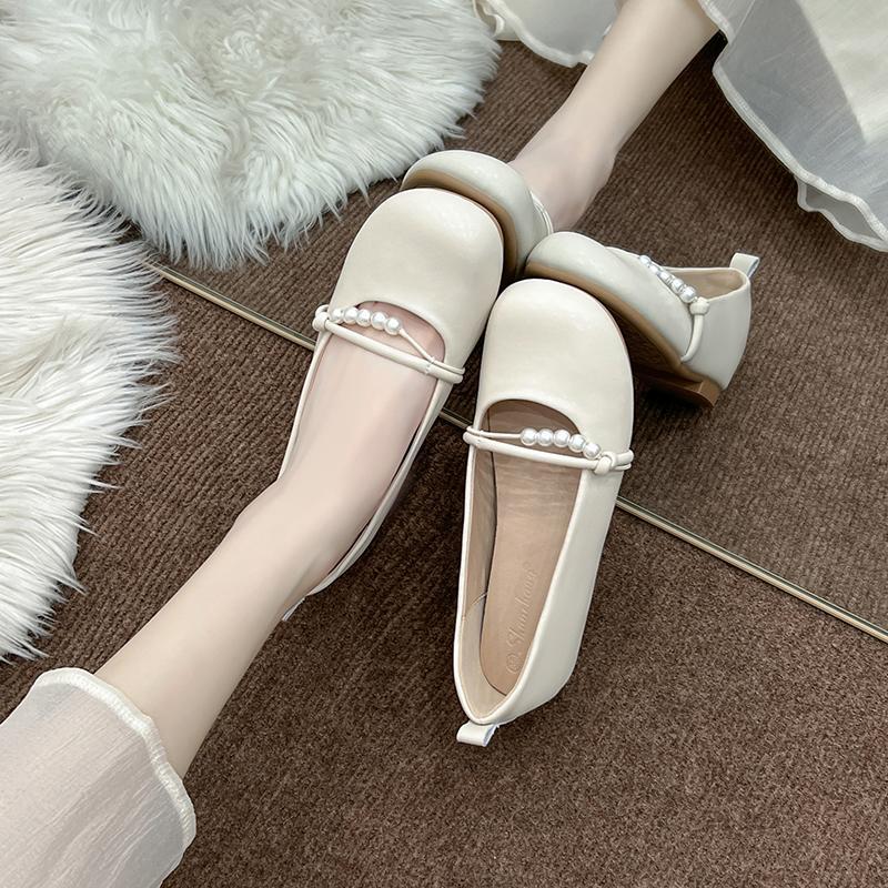 Inner Height Increase Mary Jane Shoes Women's New Flat-soled Soft-soled Maternity Shoes Pearl Gentle Temperament with Skirt Shallow Mouth Single Shoes