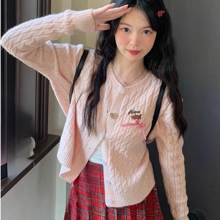 

Молодежный женский свитер-жакет в стиле колледжа, милый розовый кардиган крупной вязки, женский осенне-зимний жакет-свитер One Size