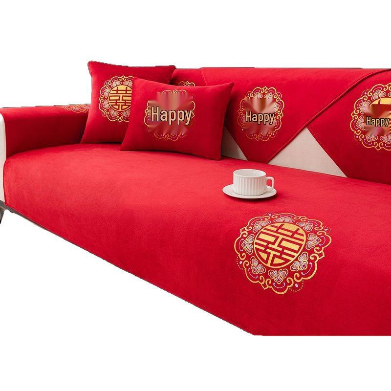 Festive Red Sofa Cushion Cover - Universal Wedding Room Decor, All-Season Coverlet