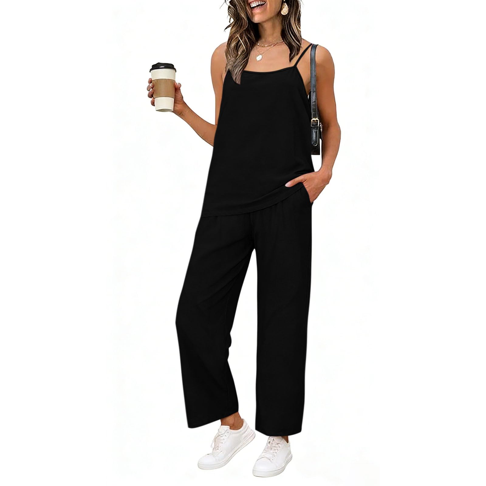 

Women s Casual Linen Two Piece Set Sleeveless Tank Top and Loose Wide Leg Pants Lightweight Comfortable Outfit for Everyday Wear XL чорний