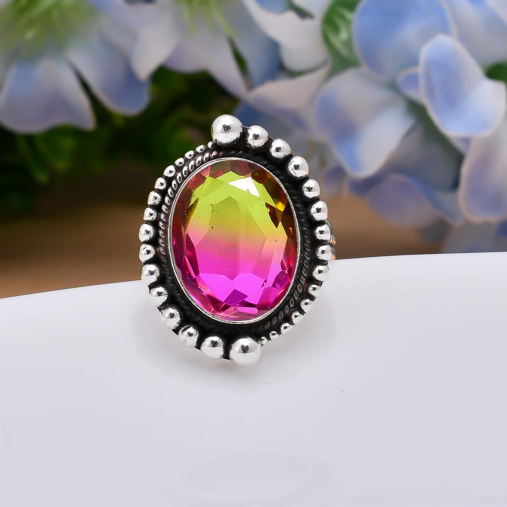 Bi-Colour Tourmaline 925 Sterling Silver Ring V4971, Bi Color Ring, Oval Ring, Valentin's Day Gift, Gift For Her, Birthday Gift, Handmade Jewelry, Sil