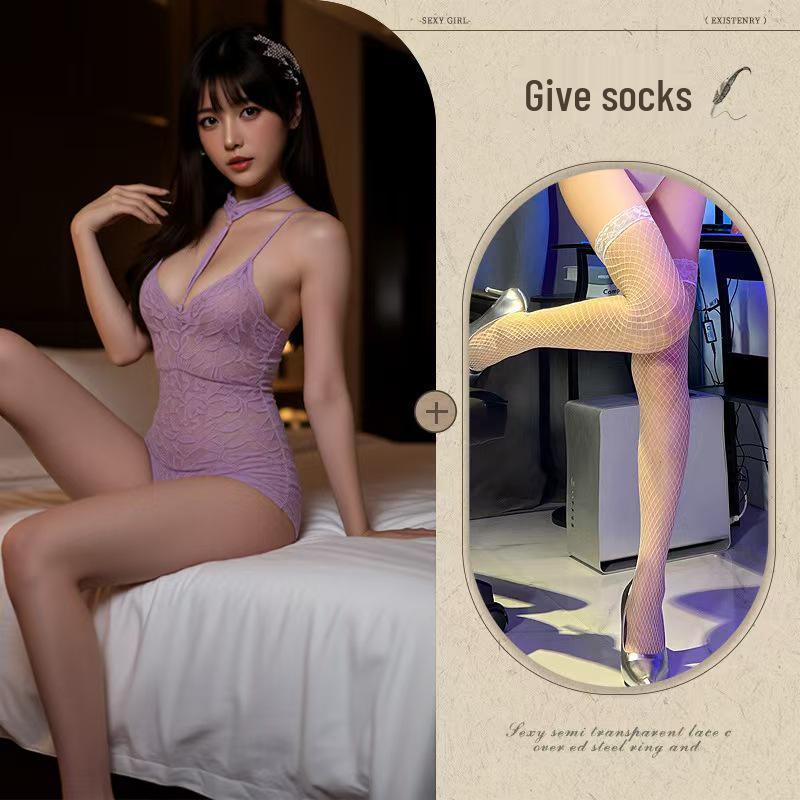 Seductive European Lace Halter Bodysuit - See-Through Sleepwear for Women