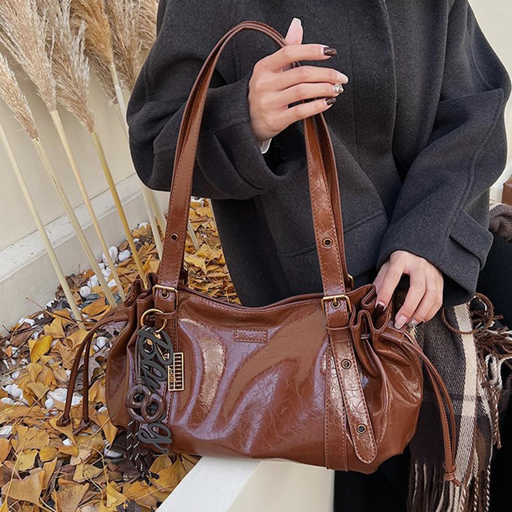 Glossy PU Leather Tote Bag Solid Color Big Charm Large Capacity Shoulder Purse Vintage Style Crossbody Bag for Women Daily Use