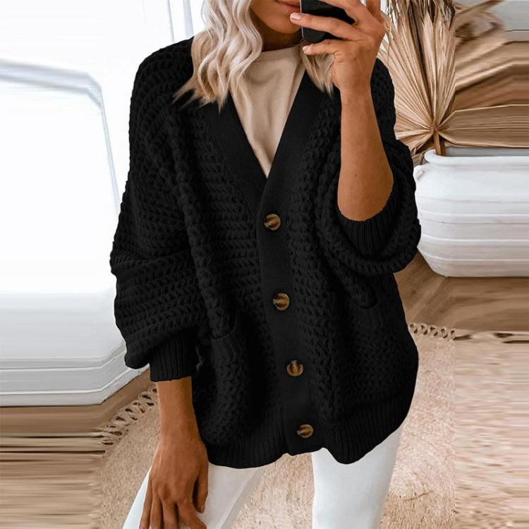 Damski sweter kardigan z grubej dzianiny na co dzień z długim rękawem zapinany z przodu jednolity kolor moda